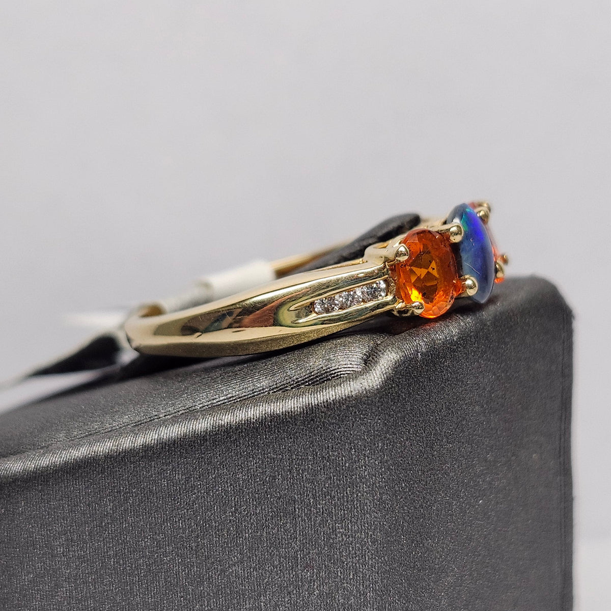 Treya | Lightning Ridge Black Opal & Mexican Fire Opal Diamond Ring | 14kt Yellow Gold