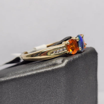 Treya | Lightning Ridge Black Opal & Mexican Fire Opal Diamond Ring | 14kt Yellow Gold