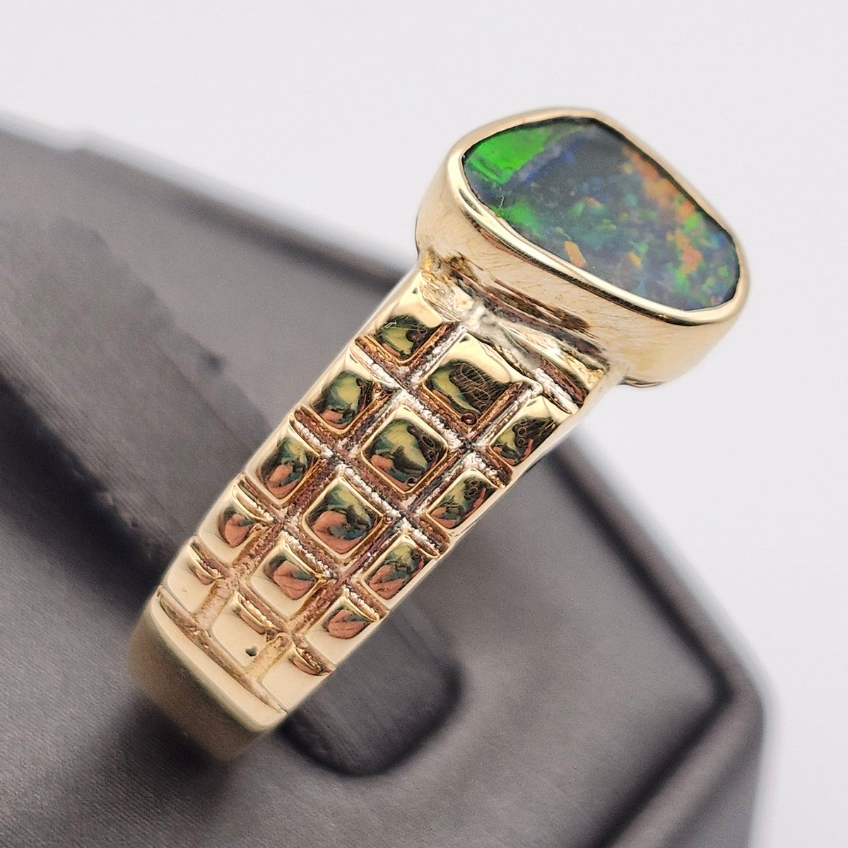 Preto | Men's 1.34ct Lightning Ridge Black Opal Ring | Custom | 14kt Yellow Gold