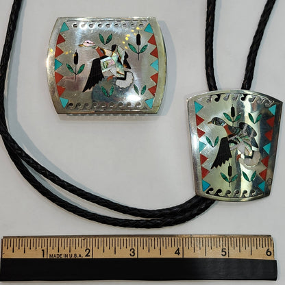 Zuni | Artist Sammy & Esther Guardian | Mallard Duck Inlay Bolo Tie & Belt Buckle Set | Sterling Silver