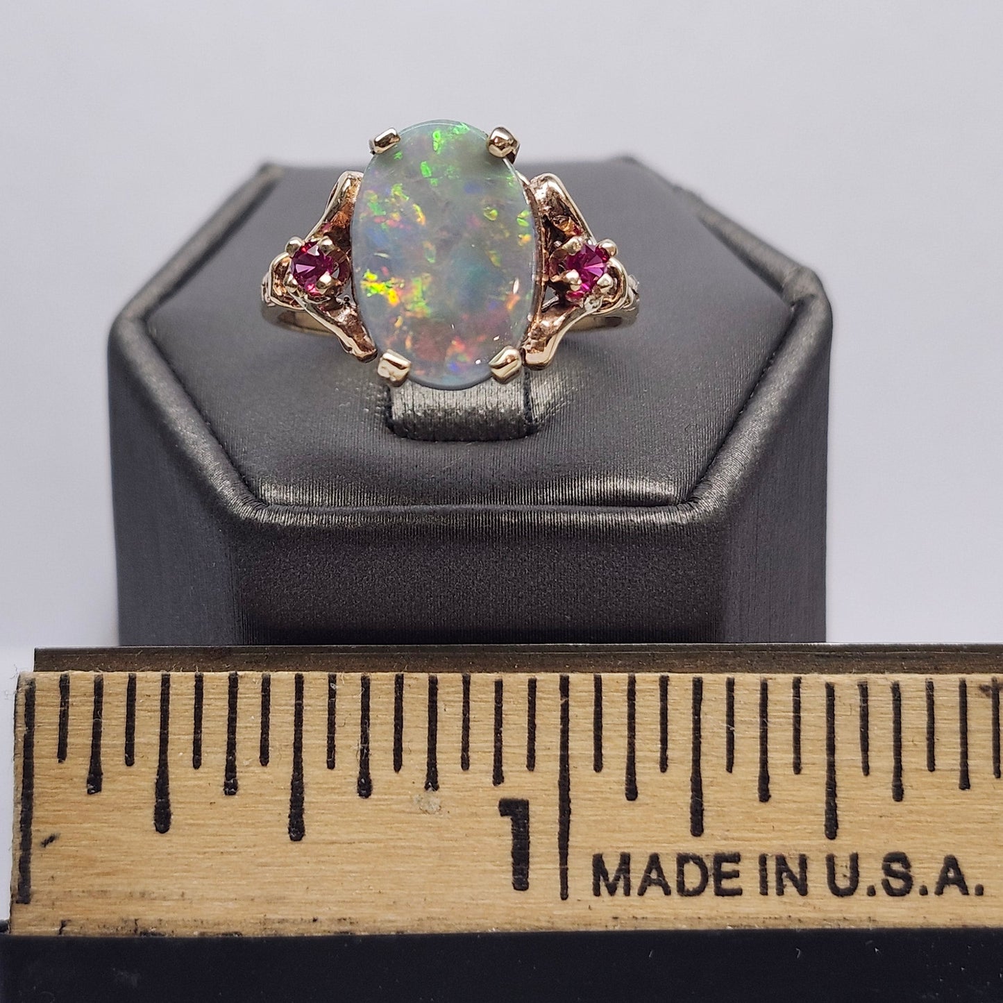 Rosie | Lightning Ridge Semi-Black Australian Opal & Ruby Estate Ring | 10kt Yellow Gold