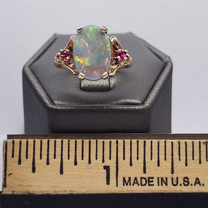 Rosie | Lightning Ridge Semi-Black Australian Opal & Ruby Estate Ring | 10kt Yellow Gold