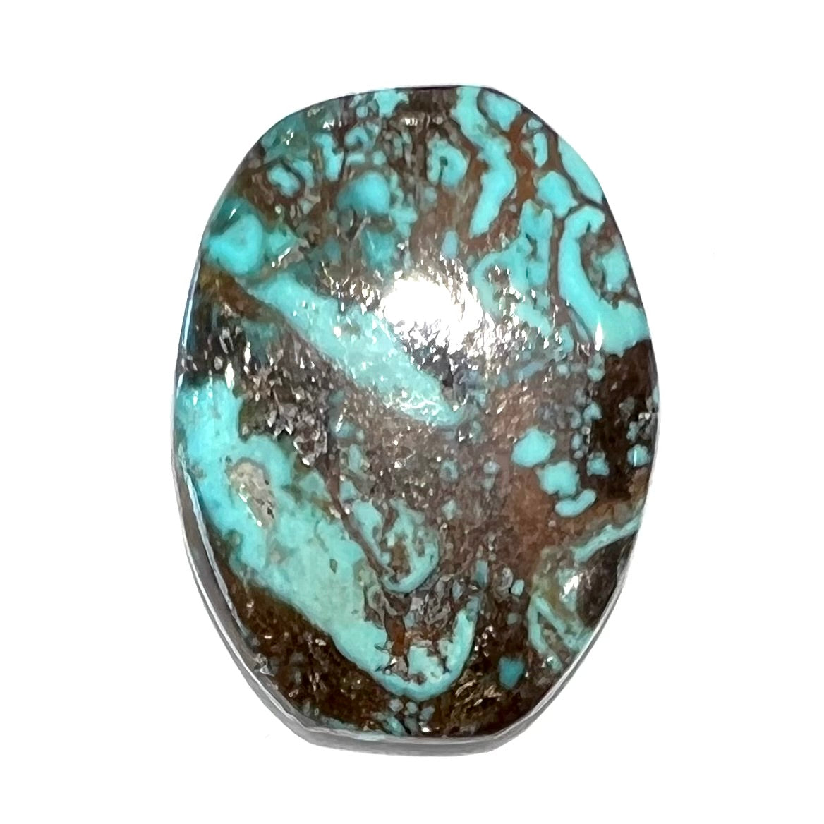 A loose, barrel cabochon cut turquoise stone from Royston District, Nevada.  The stone is greenish blue with brown and black matrix.