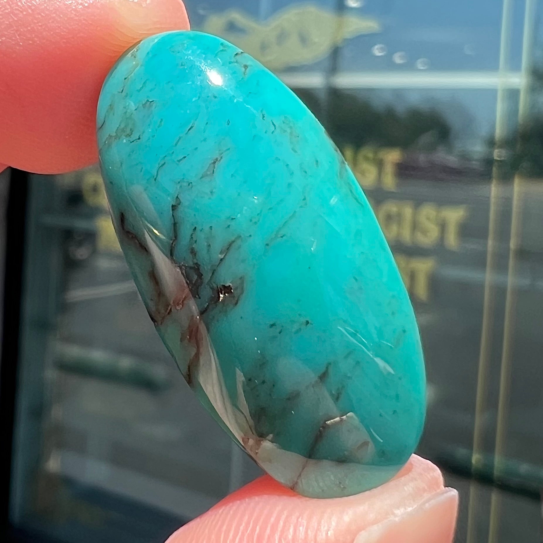 A loose, oval cabochon cut turquoise stone from Royston District, Nevada.