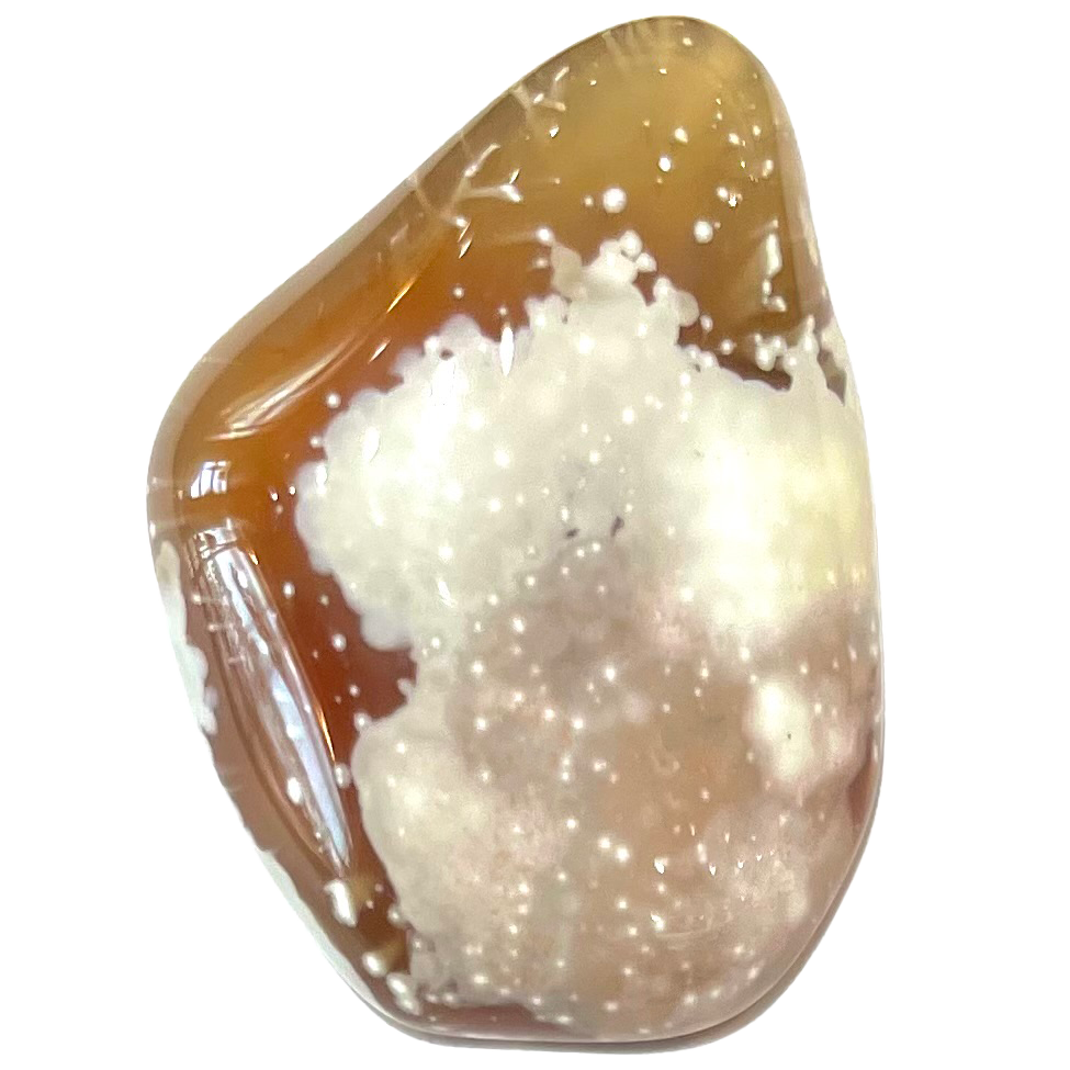 A tumbled sea agate stone from Madagascar.  White splotches show on a brown body color.