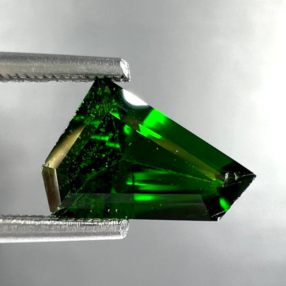 A freeform shield cut chrome diopside gemstone.