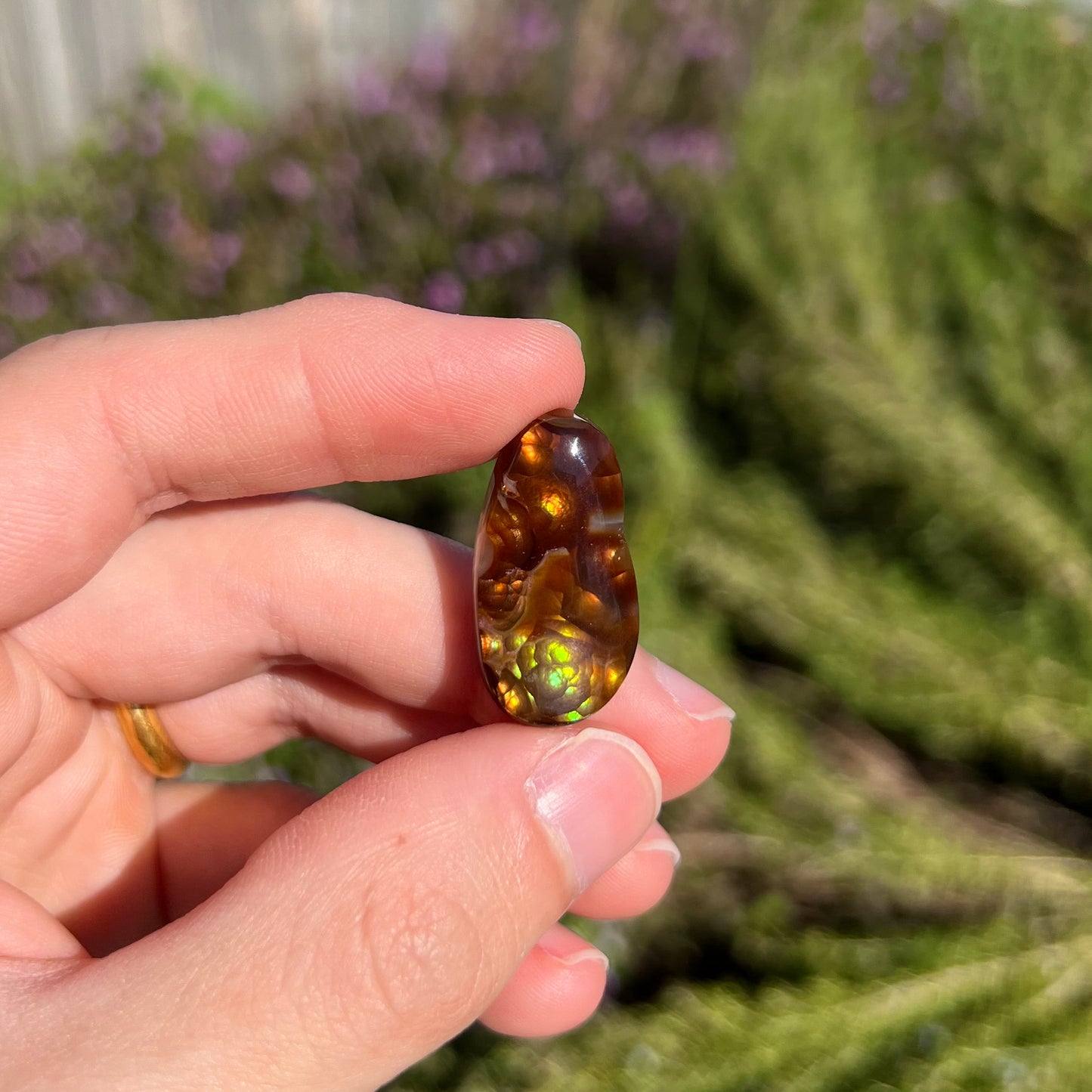 A loose fire agate cabochon.  The stone has iridescent green, yellow, and blue colors.
