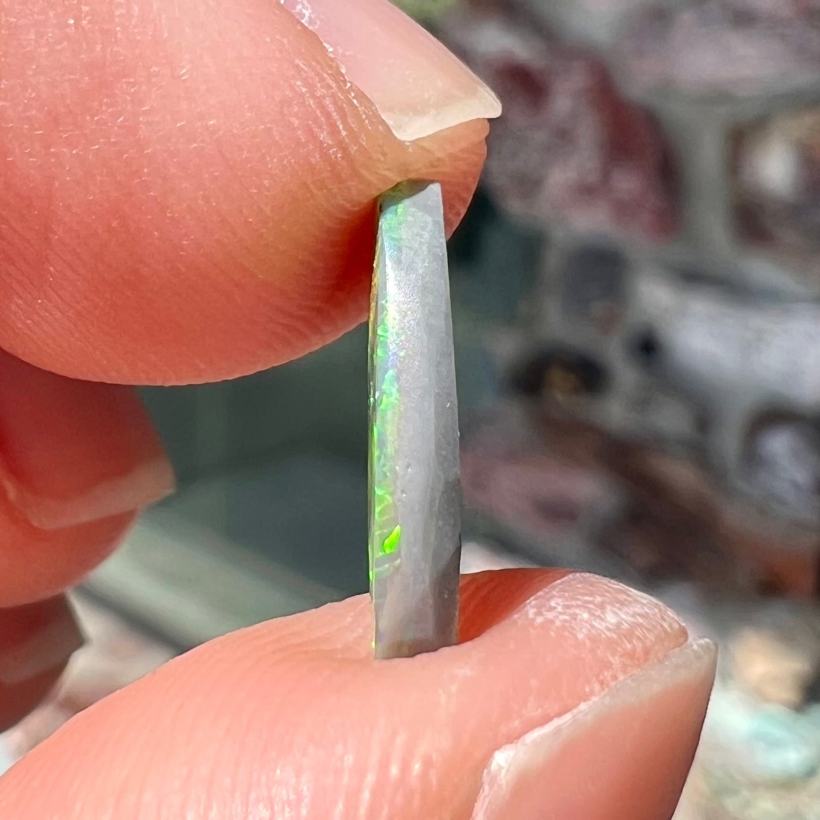 A loose, oval shaped black opal stone from Lightning Ridge, Australia.  The opal plays bright green and blue colors.