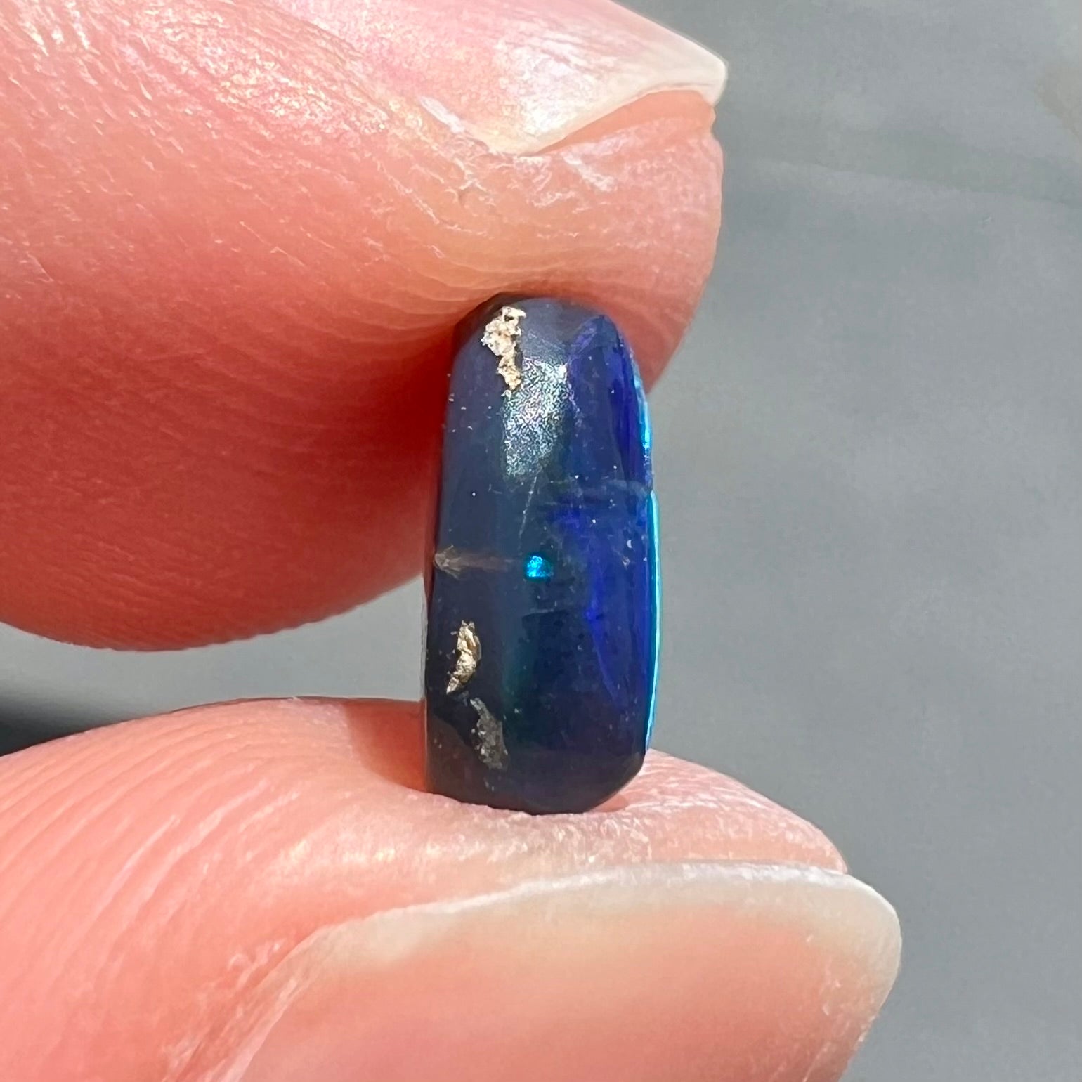 A loose black opal from Lightning Ridge, Australia.  The opal displays a blue cat's eye pattern.