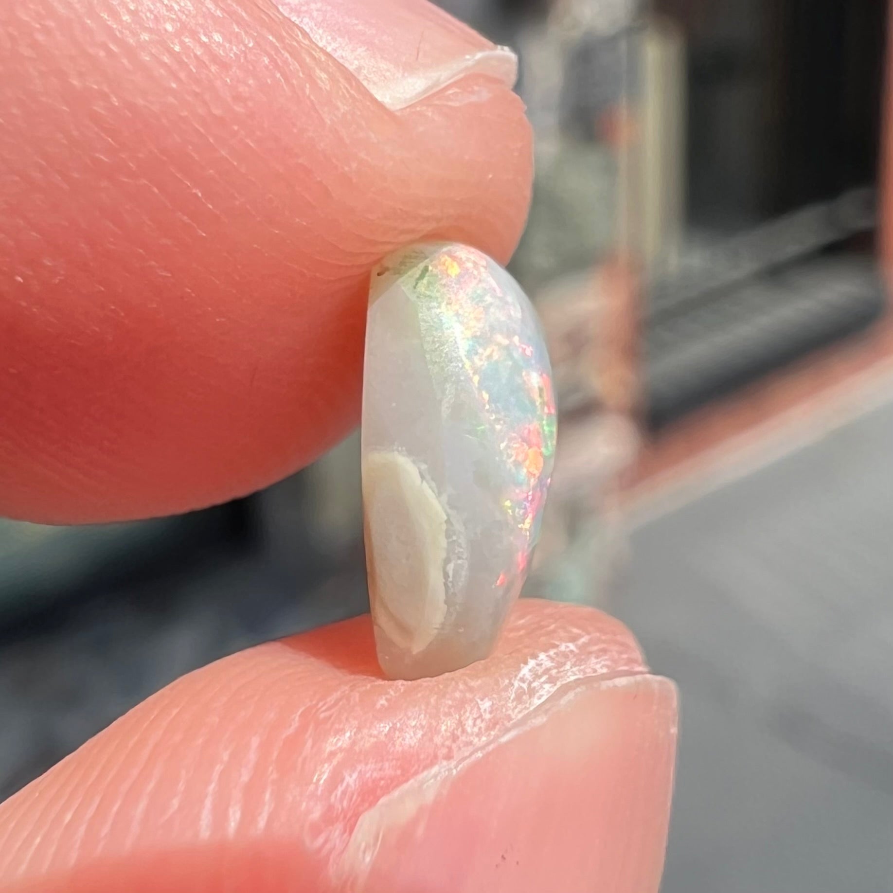 A loose, light opal from Lightning Ridge, Australia.  The opal shines a rainbow of colors.
