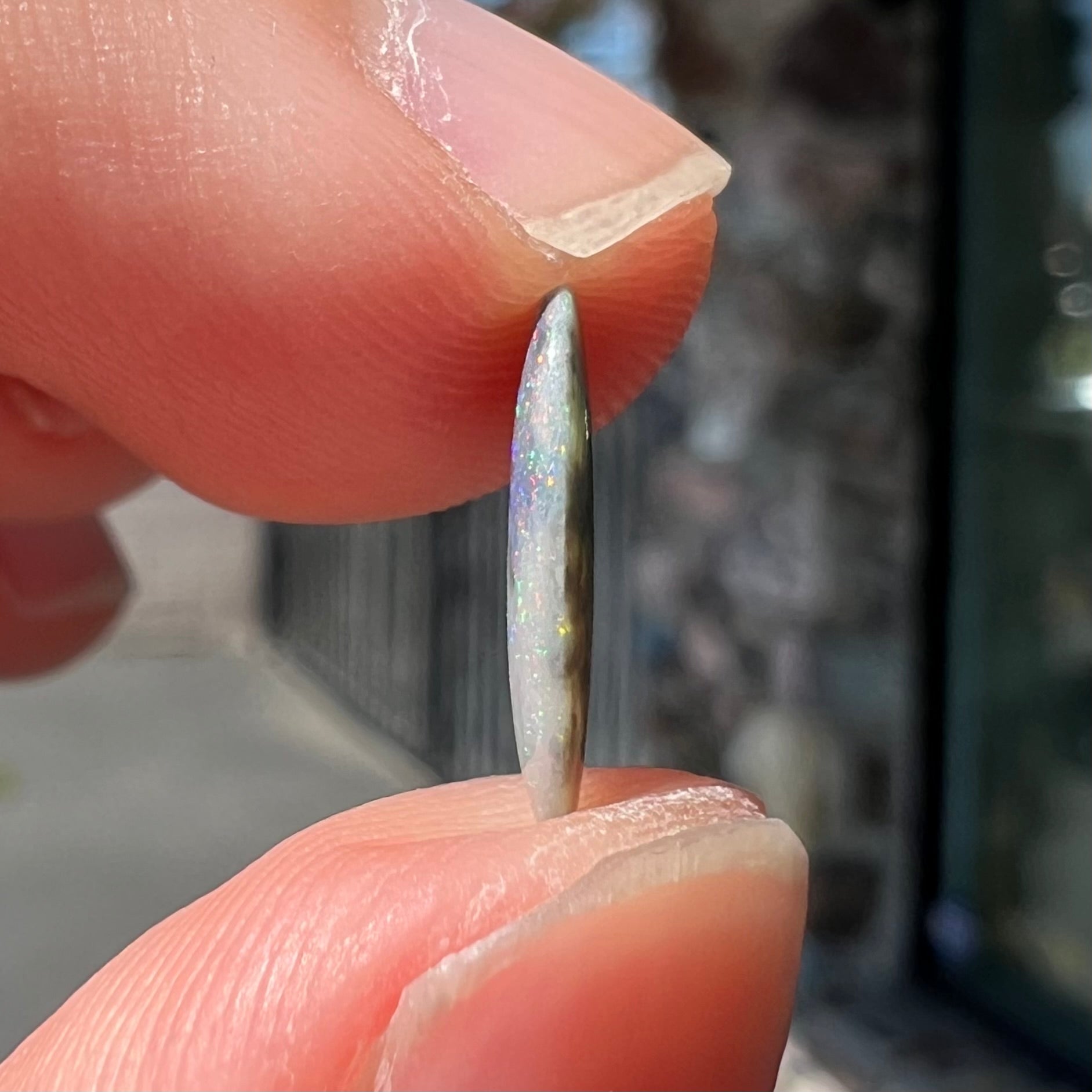 A loose, oval cabochon cut opal gemstone from Lightning Ridge, Australia.  The opal shines red and orange colors.