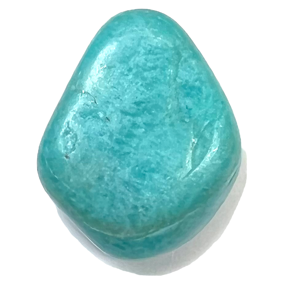 A tumble polished piece of amazonite feldspar.  The stone is blue-green with white reflective surface flashes.