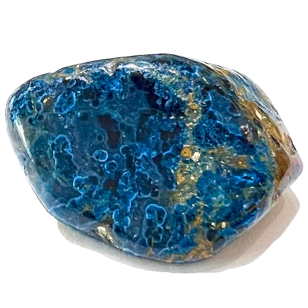 A tumble polished blue azurite stone.  The material is naturally stained dark blue and black.