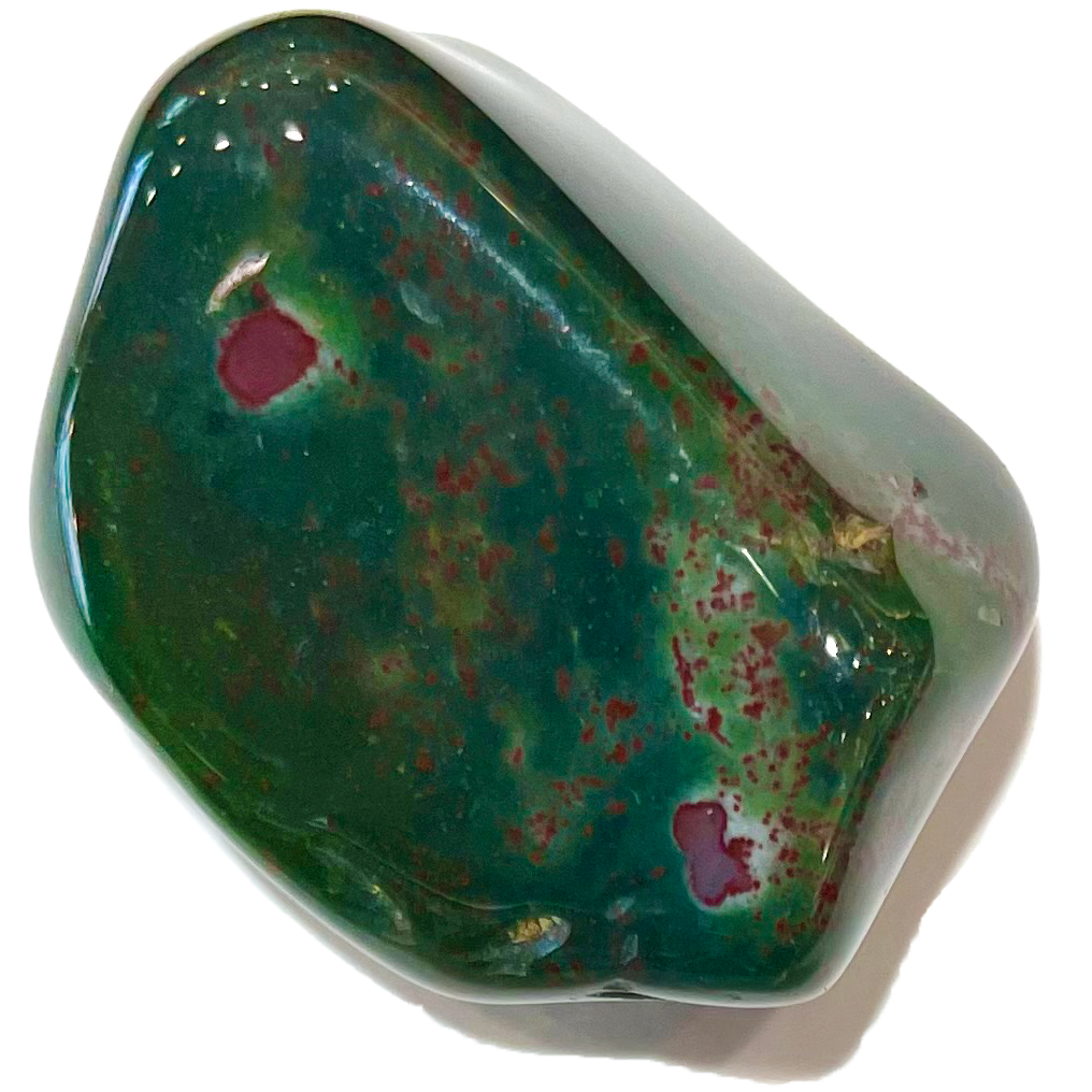A tumble polished piece of bloodstone jasper.  The stone is dark green with red hematite spots.