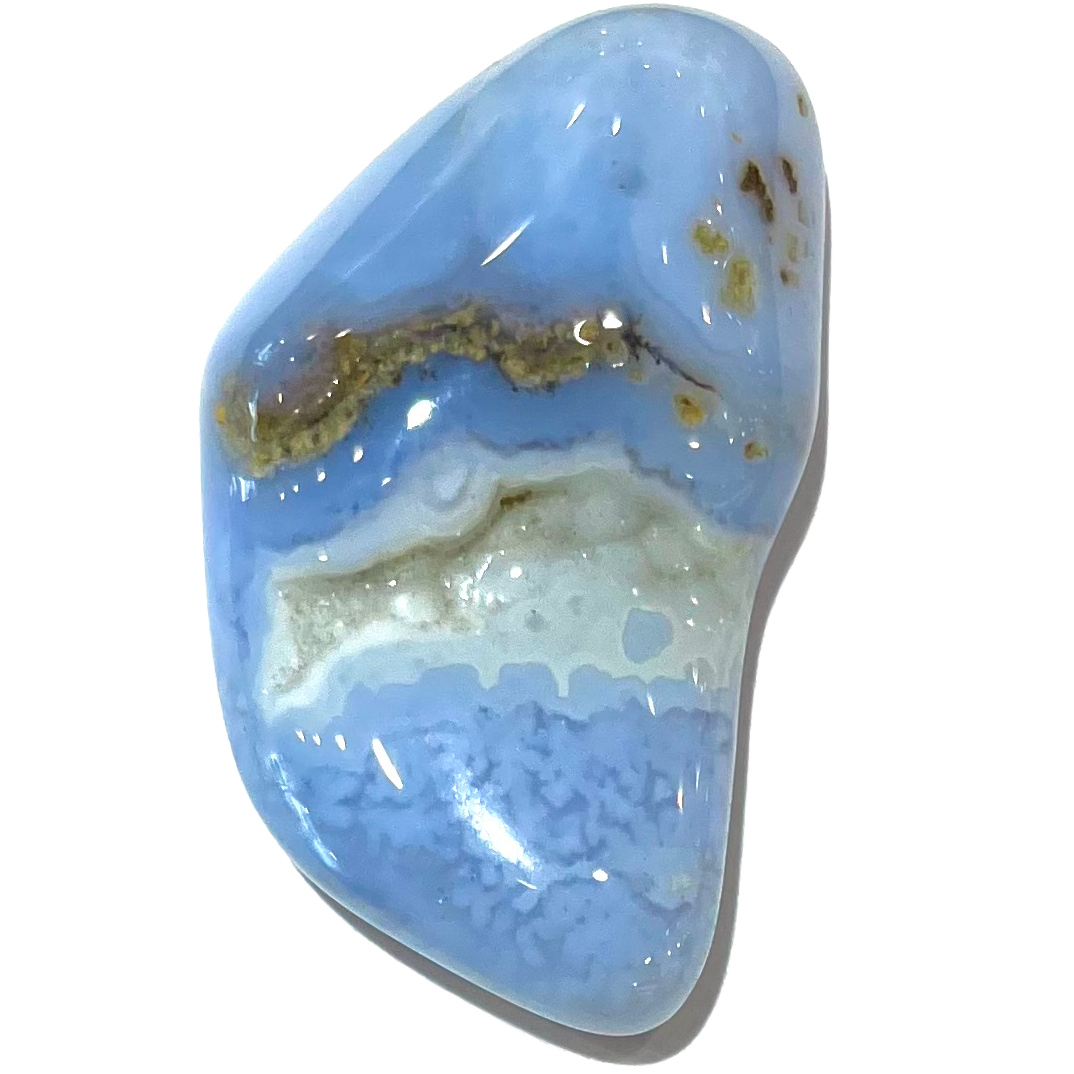 A tumble polished blue agate stone.  The stone exhibits bubbles of white agate.