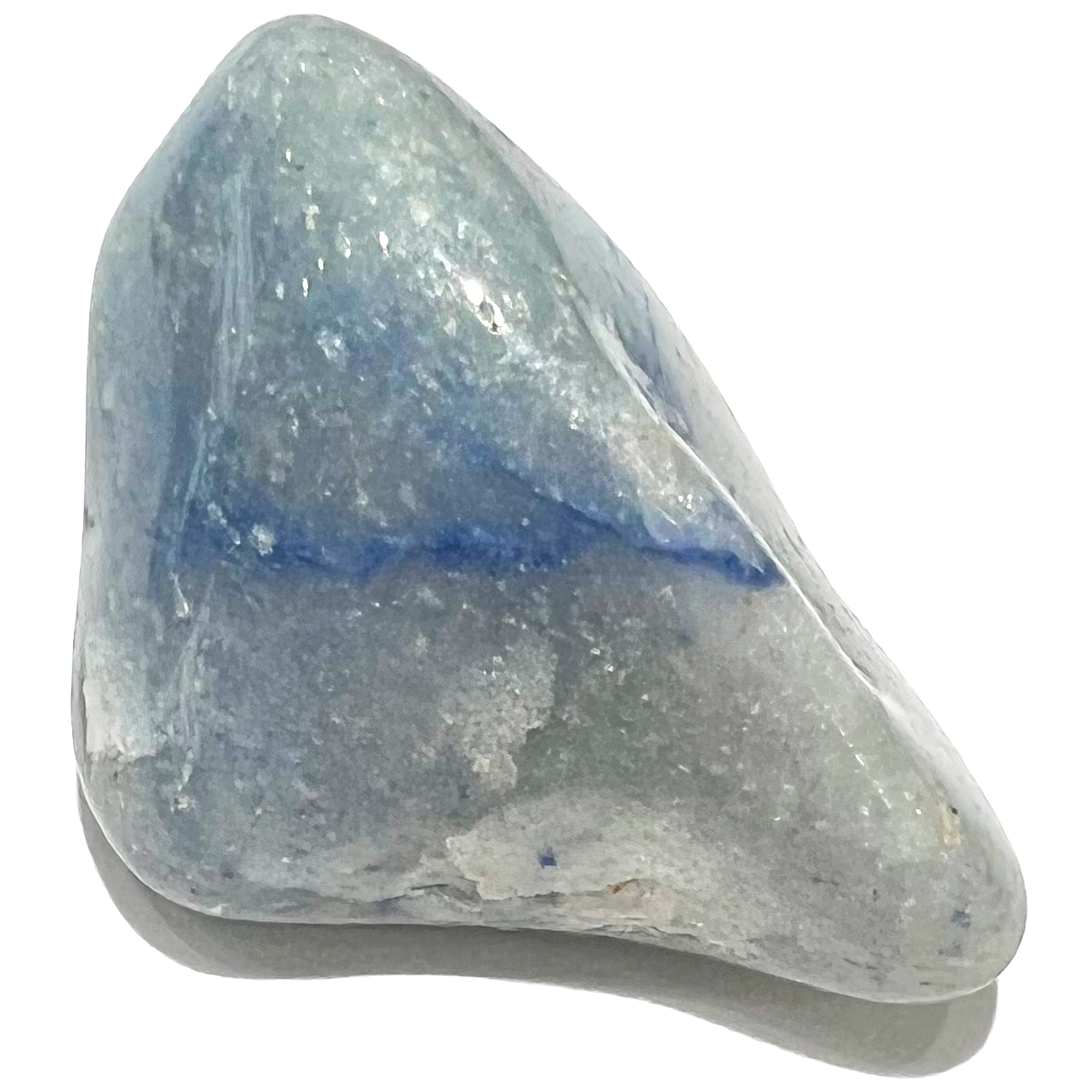 A tumble polished blue quartz stone.  The material is grayish white with blue veins.