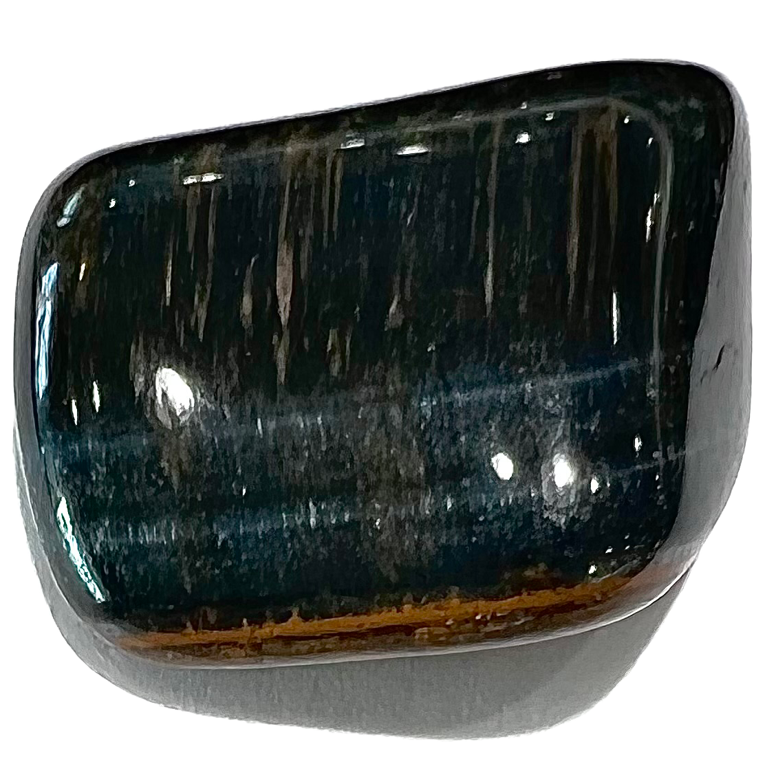 A tumble polished blue tiger's eye stone.  The material is black with a bluish tint with a reflective cat's eye.