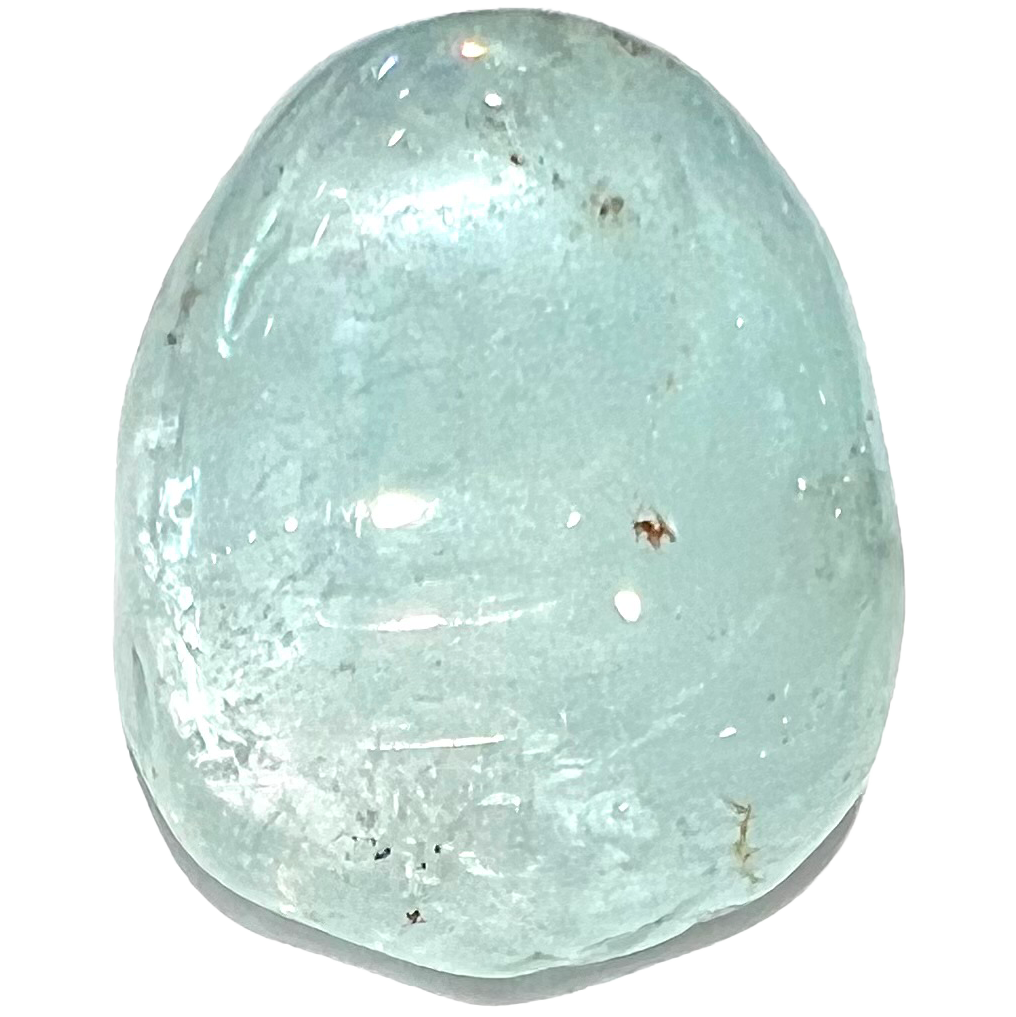 A tumble polished sky blue topaz stone.  The crystal is transparent.