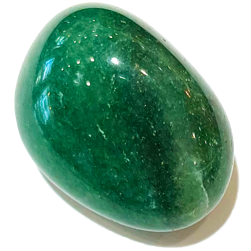 A tumble polished dark green aventurine stone.  Reflective mica inclusions are seen in the stone.