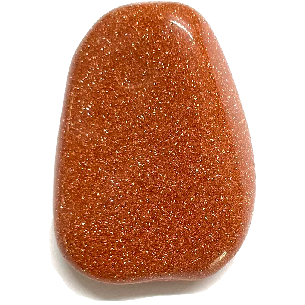 A tumbled piece of goldstone glass.  Strong, pinpointed light reflections are seen in the stone.