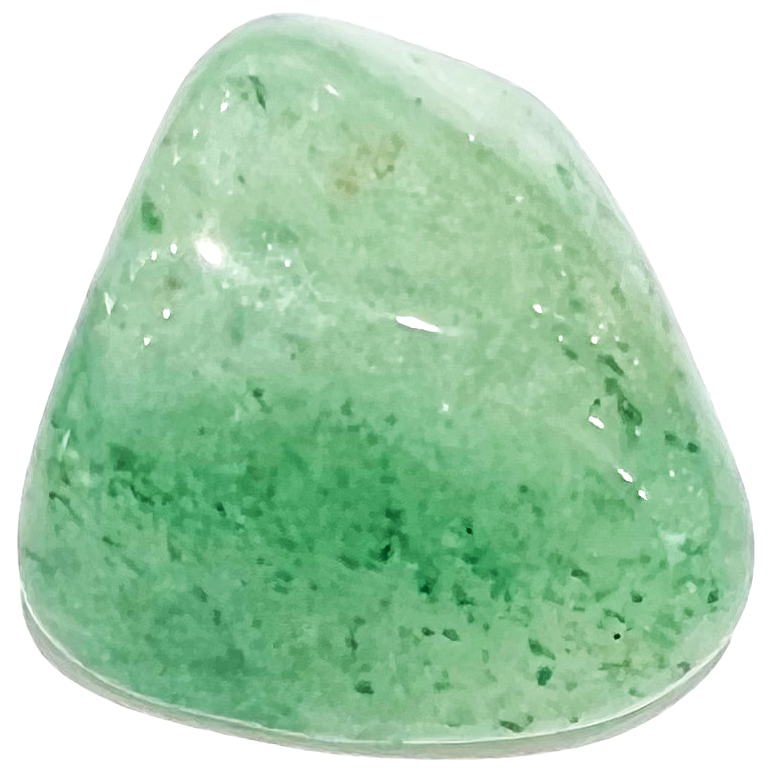 A tumble polished green aventurine stone.  The material is light green with dark green specks.