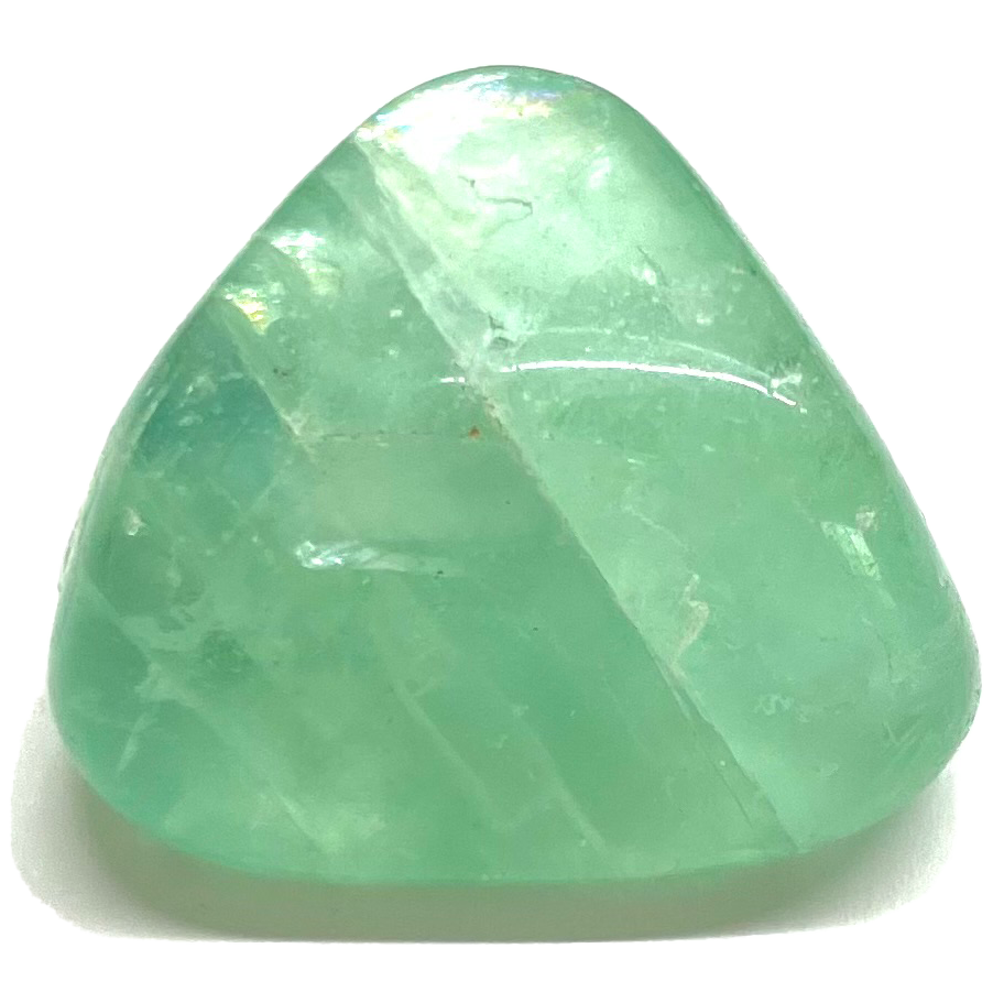 A tumble polished green fluorite stone.  The stone is vivid mint green.
