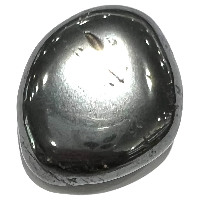 A tumble polished hematite stone.  The rock is dark gray and has a metallic luster.