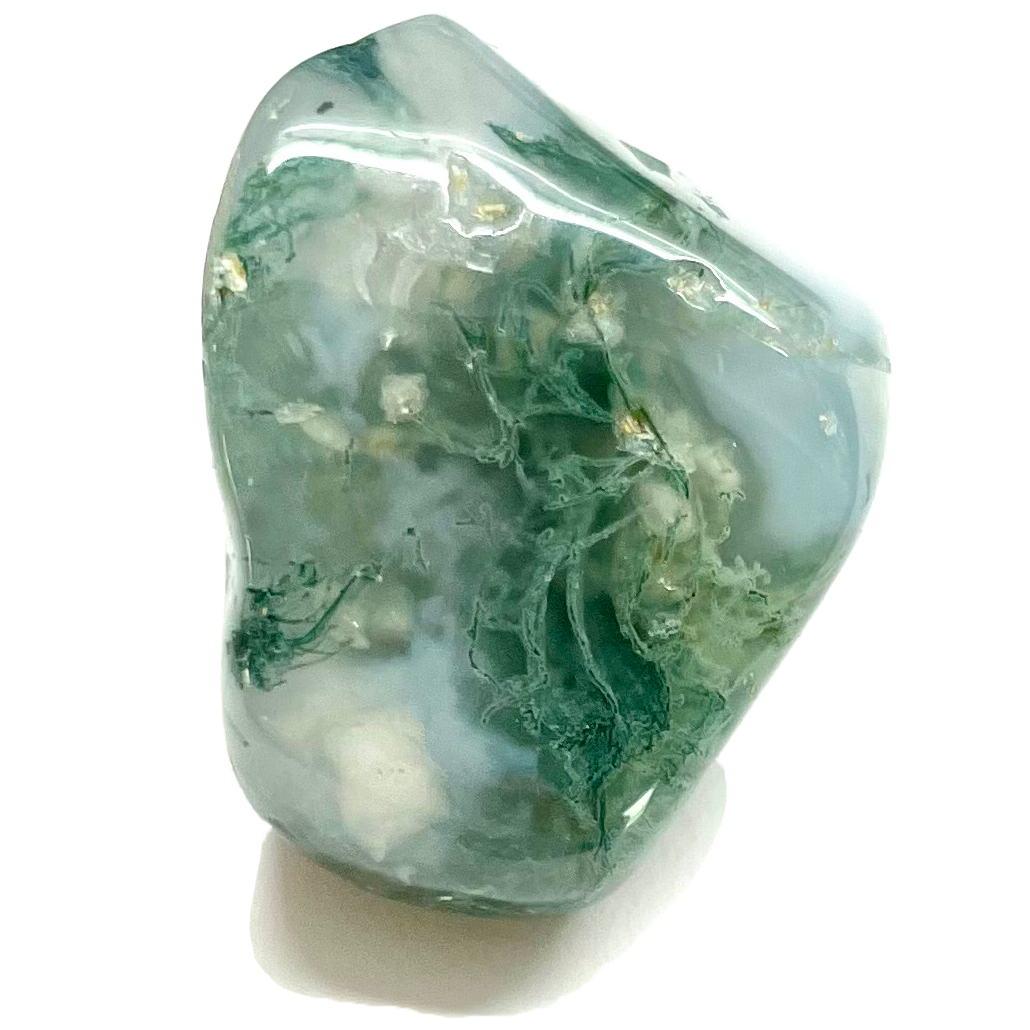 A tumble polished moss agate stone.  Veins of a green mineral run through a translucent matrix.