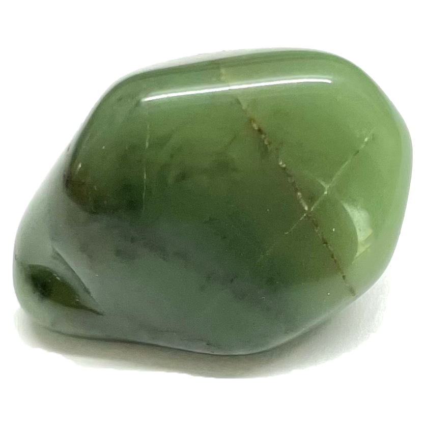 A tumbled green nephrite jade stone.  The stone is olive green with a waxy luster.