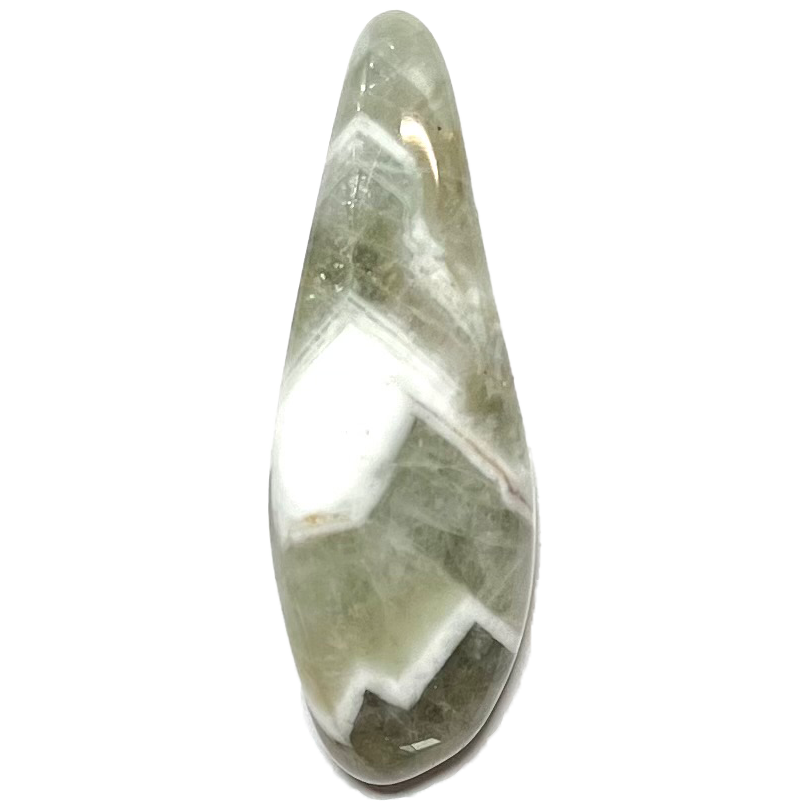 A tumble polished banded green prasiolite stone.  The banding is white.