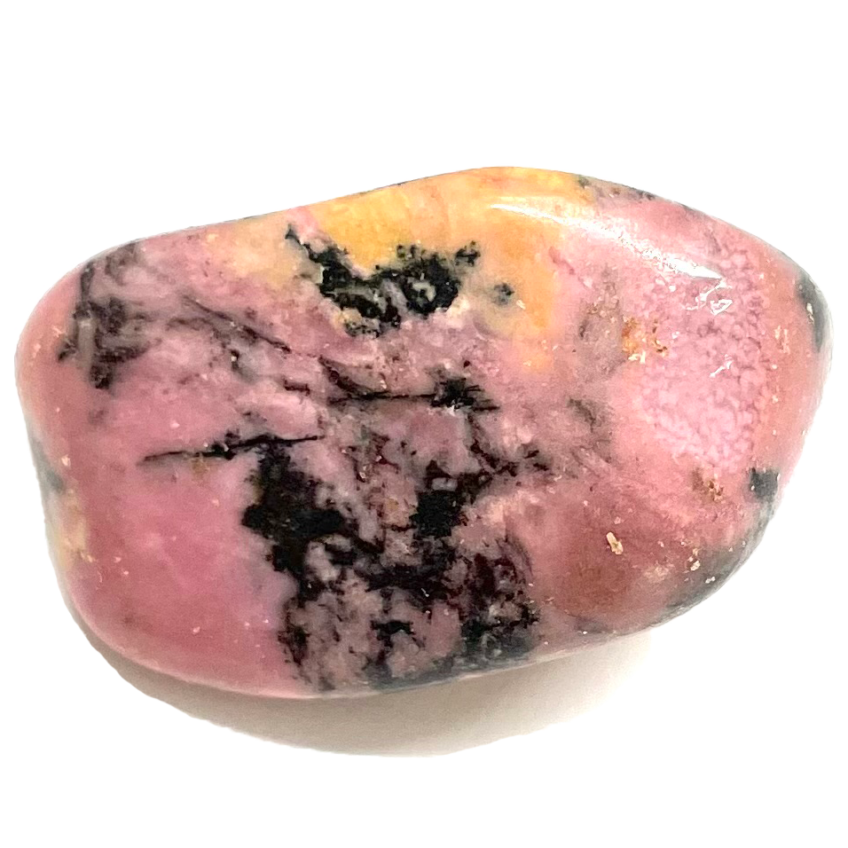 A tumble polished rhodonite stone from Canada.  The rock is pink with black webbed matrix.