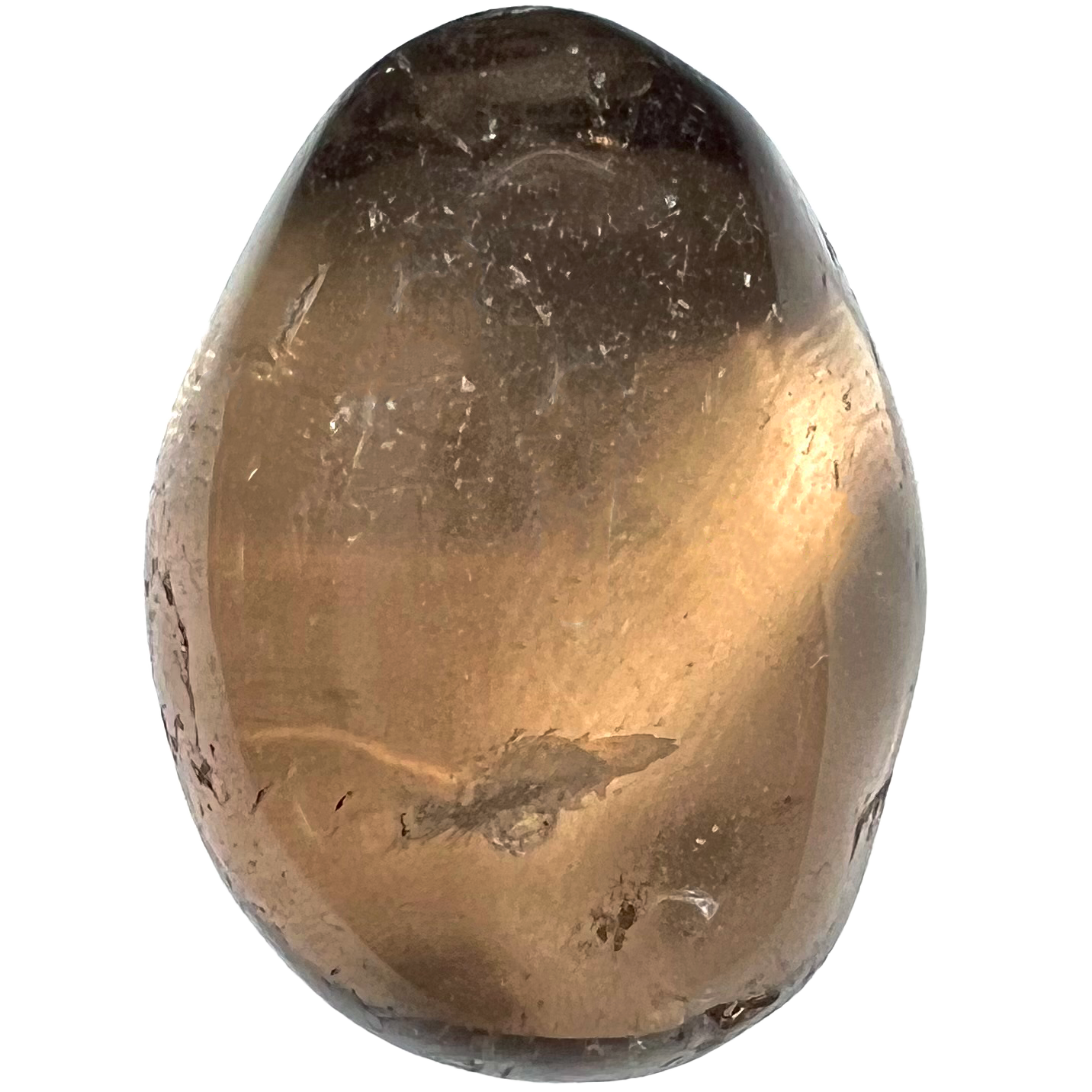 A transparent brown, tumbled smoky quartz stone.