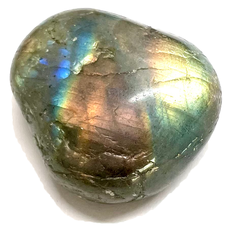 A tumble polished piece of spectrolite feldspar.  The stone's bodycolor is dark green and has bright flashes of pink, blue, and yellow.