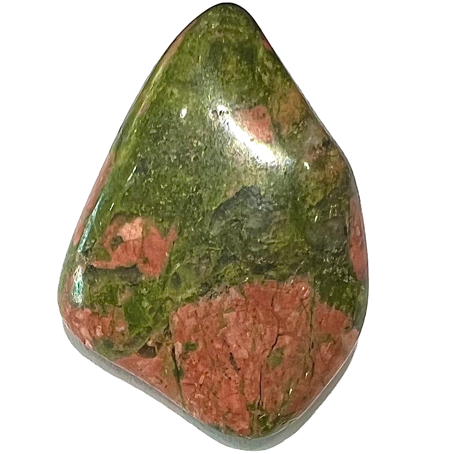 A tumble polished unakite stone.  The stone is green with brownish pink spotting.