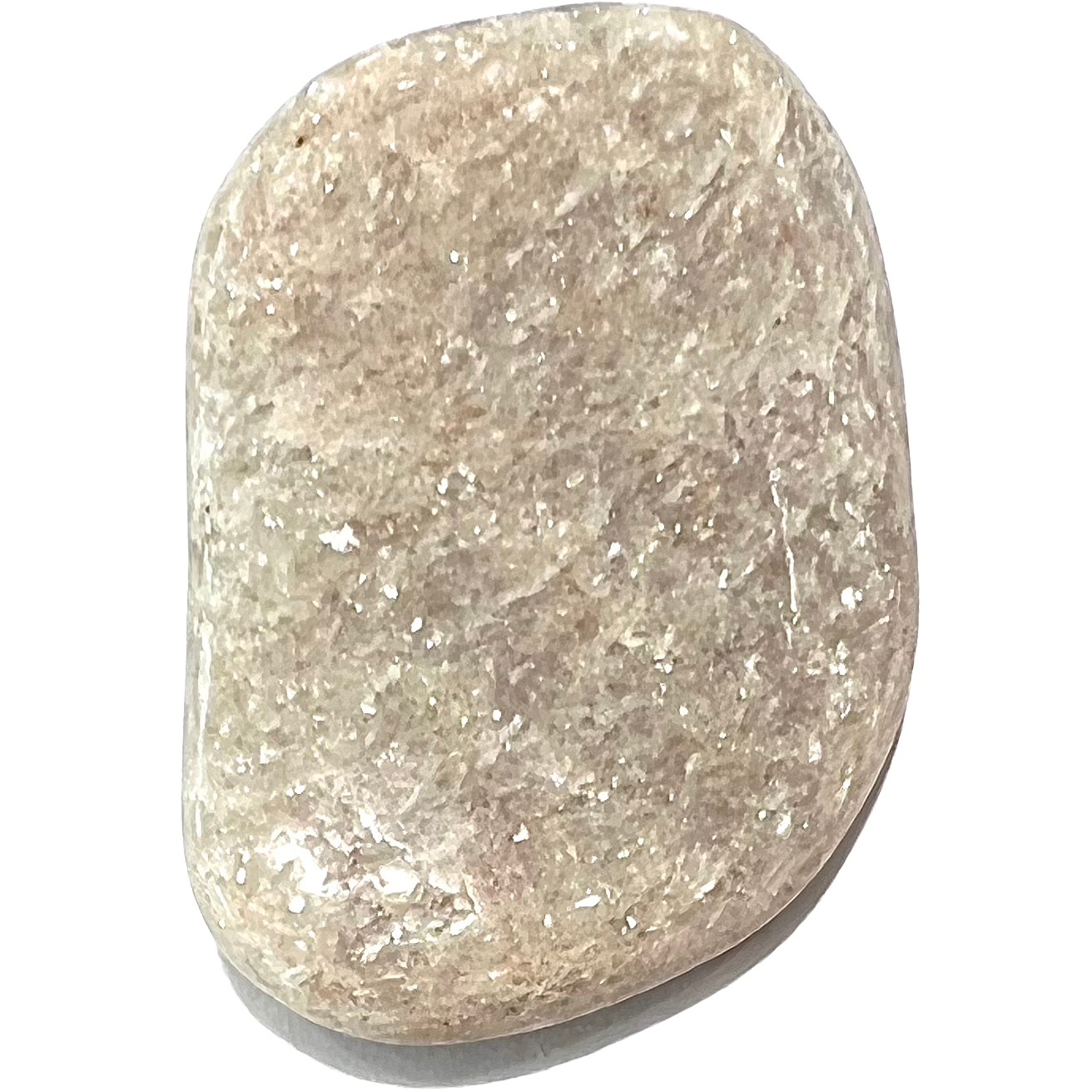 A tumble polished white aventurine stone.  The stone is white with mica sparkle inclusions.