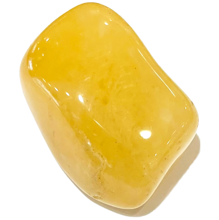 A tumbled piece of yellow quartz stone.  The stone is solid yellow and translucent.