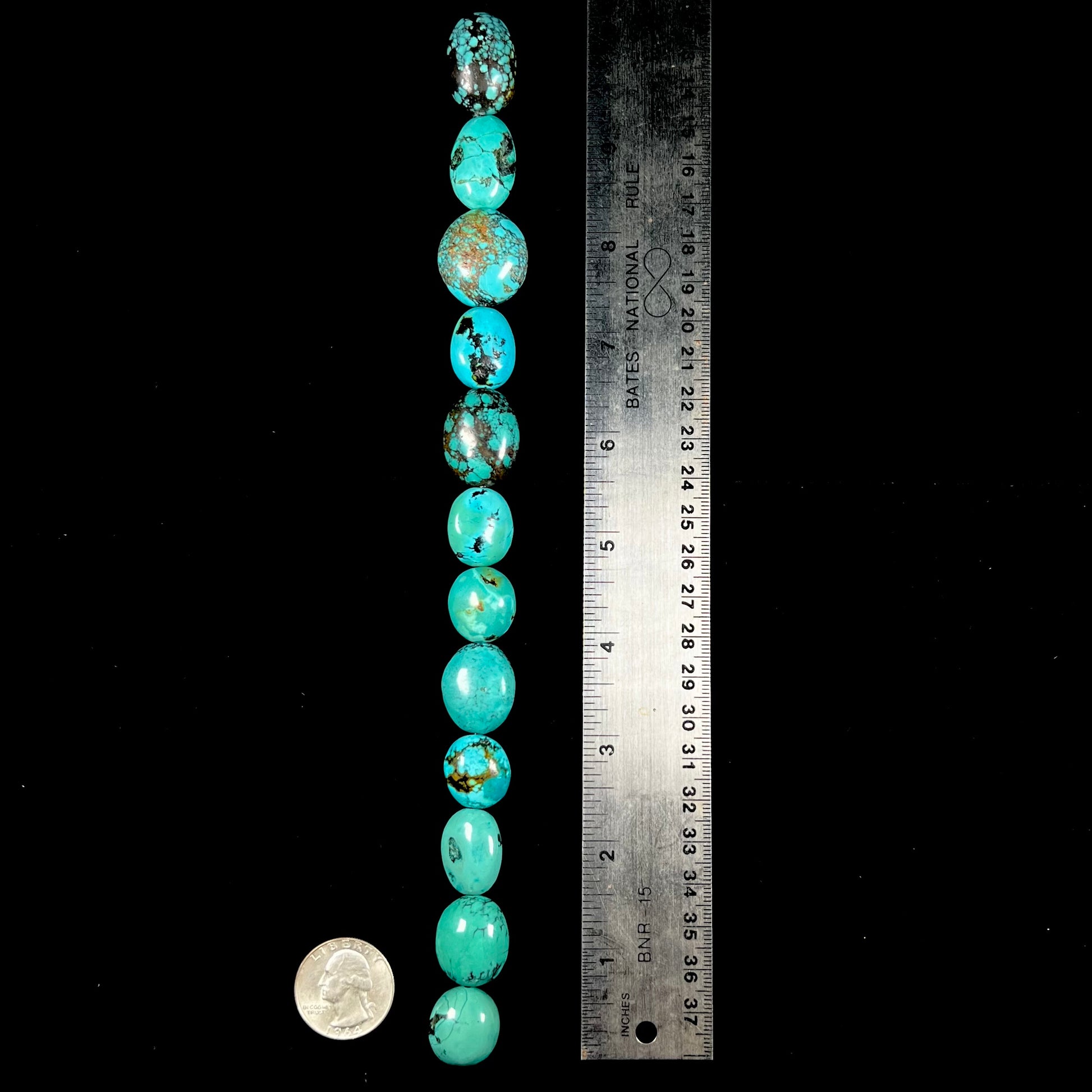 A strand of 12 large, dyed turquoise stones.