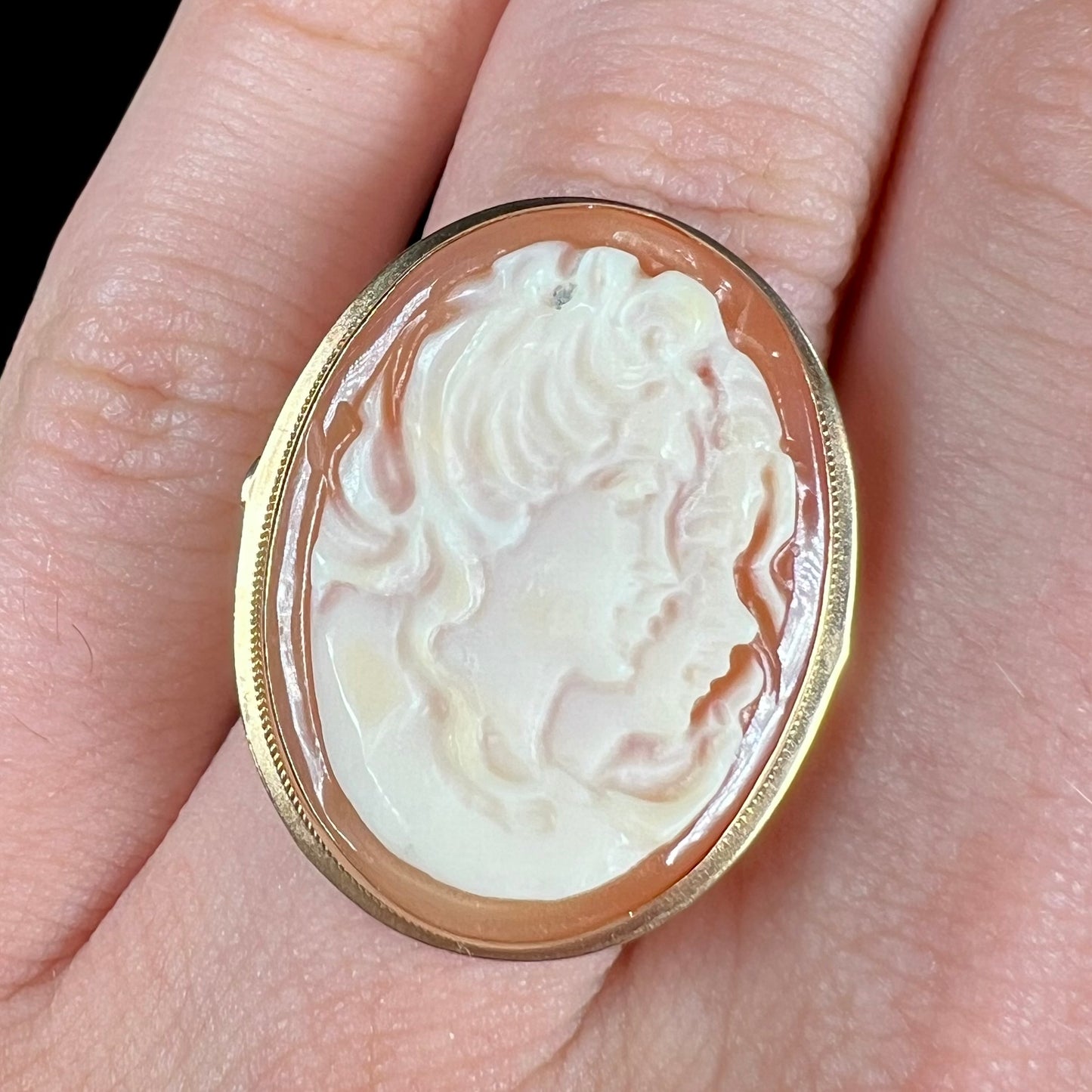 A ladies' vintage cameo solitaire ring in yellow gold.  The cameo is carved from shell and depicts the side profile of two womens' faces.