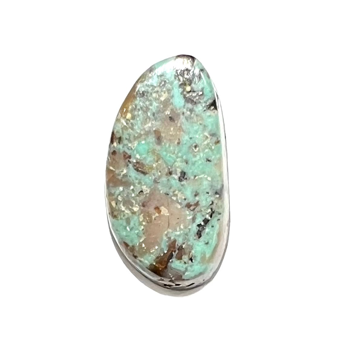 A freeform cabochon cut Valley Blue turquoise stone from Lander County, Nevada.
