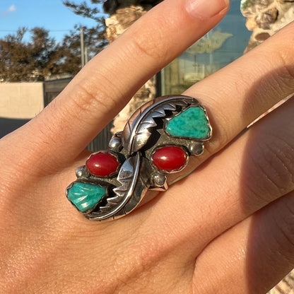 Vintage Hopi Indian turquoise and coral ring handmade in sterling silver by artist Miriam Chuyate.