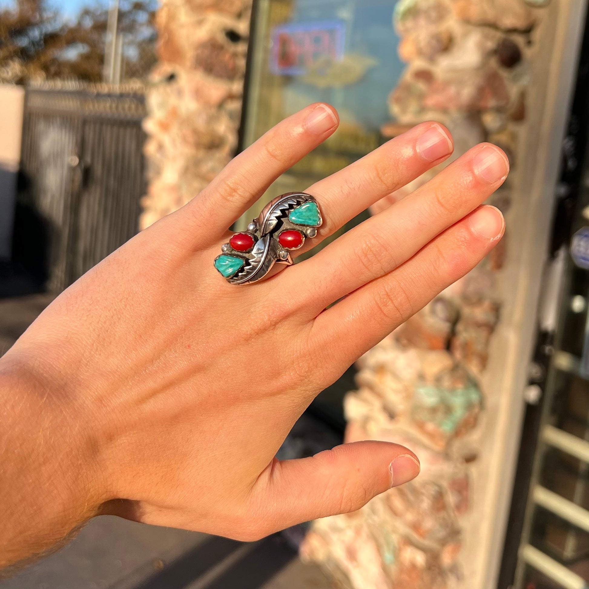 Vintage Hopi Indian turquoise and coral ring handmade in sterling silver by artist Miriam Chuyate.