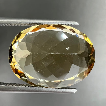 A faceted, oval cut golden beryl gemstone.