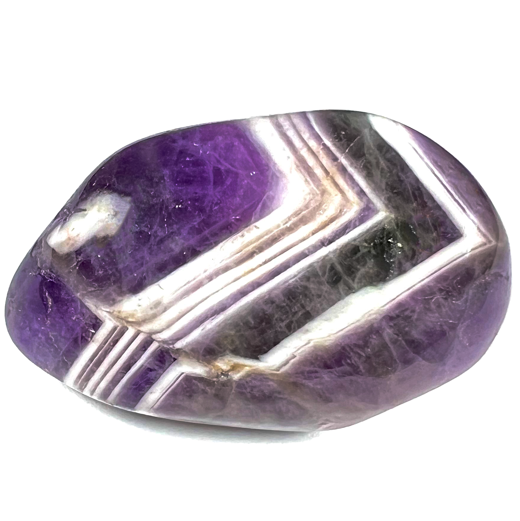 A tumble polished zebra amethyst stone.  The stone is dark purple with white chevron shaped stripes.