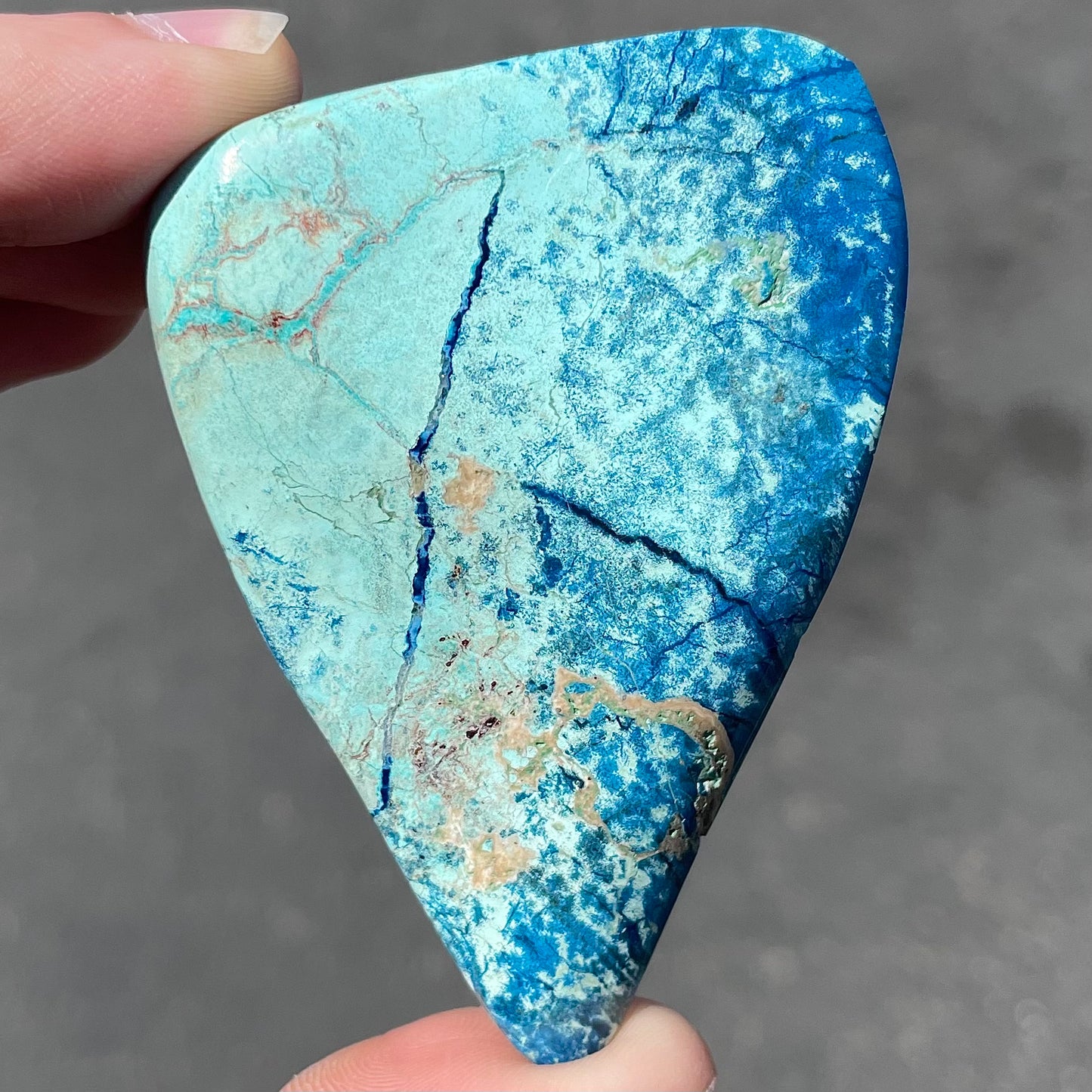 An large, polished, drop shape Morenci turquoise and azurite specimen.  Material is not stabilized.