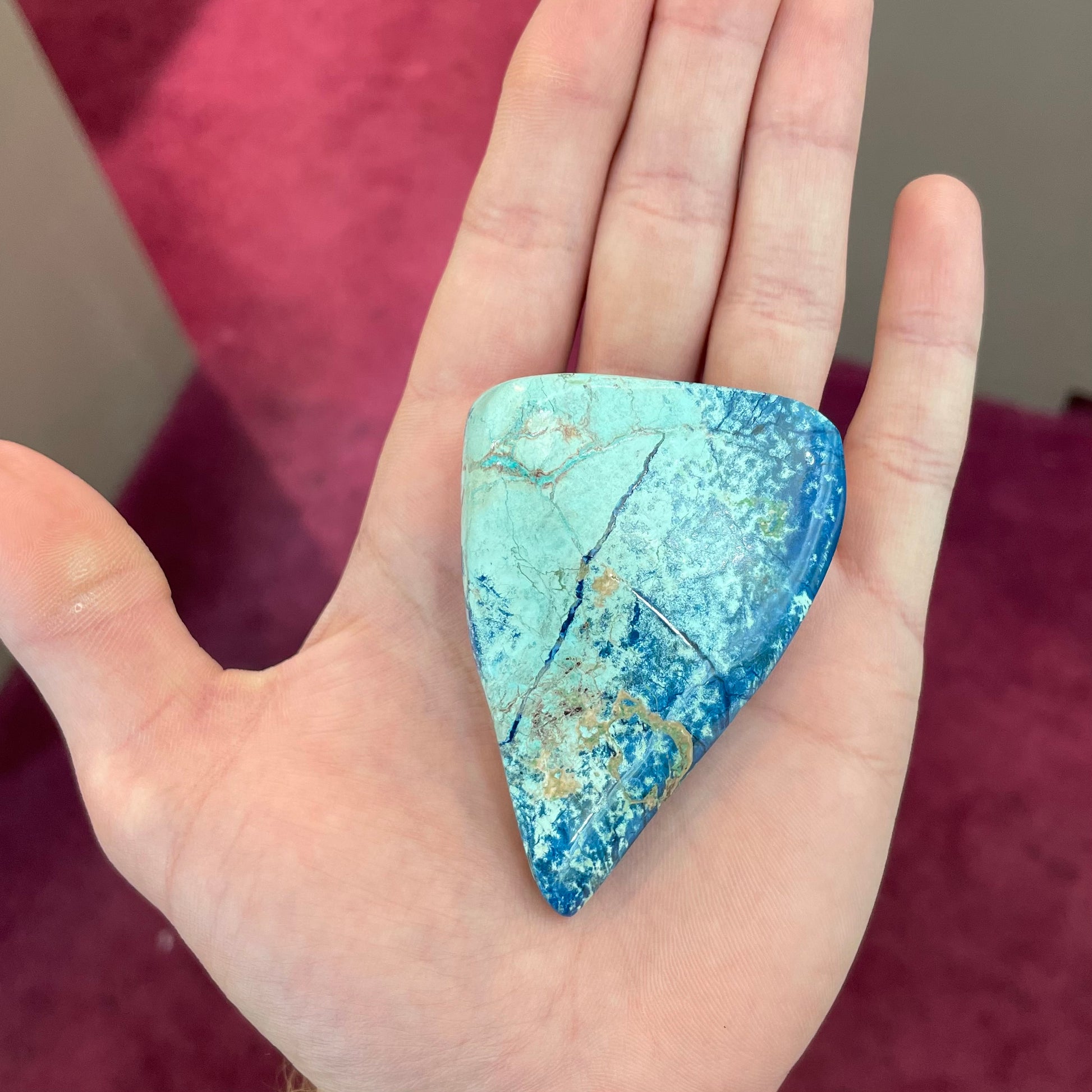 An large, polished, drop shape Morenci turquoise and azurite specimen.  Material is not stabilized.