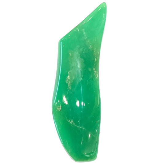 A polished, freeform shape chrysocolla specimen that measures 3.3 inches by 1 inch.