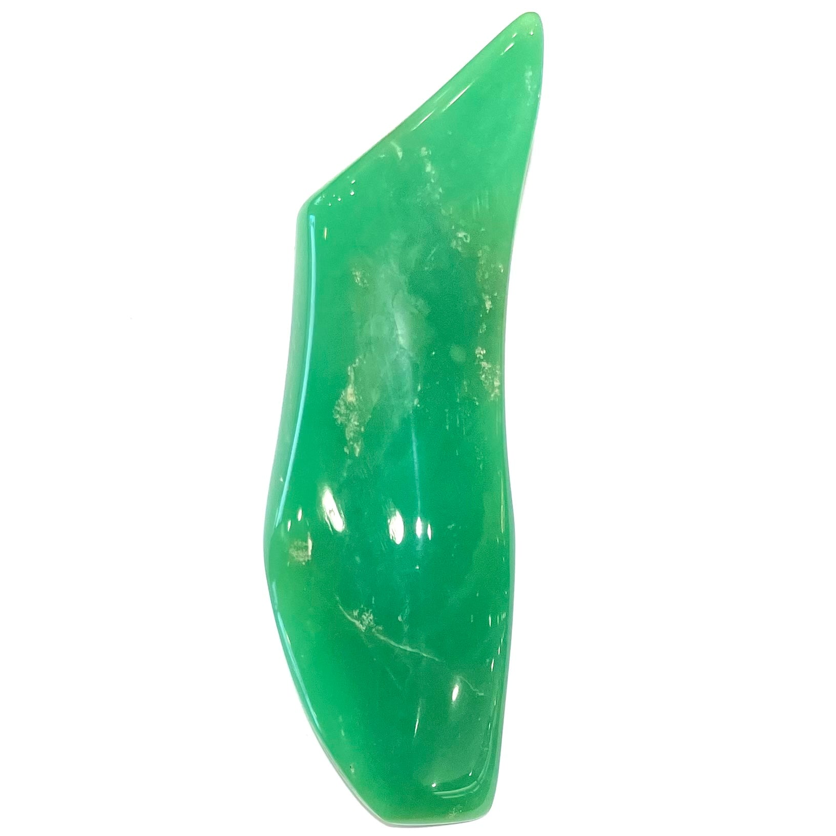 A polished, freeform shape chrysocolla specimen that measures 3.3 inches by 1 inch.