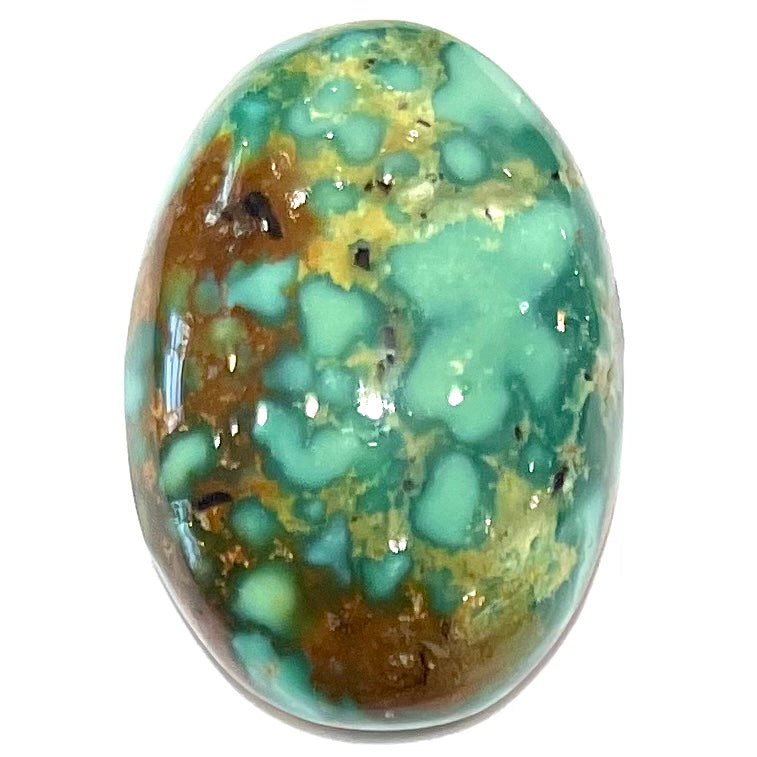 A loose, oval cabochon cut green and brown turquoise stone from Royston Mining District, Nevada.