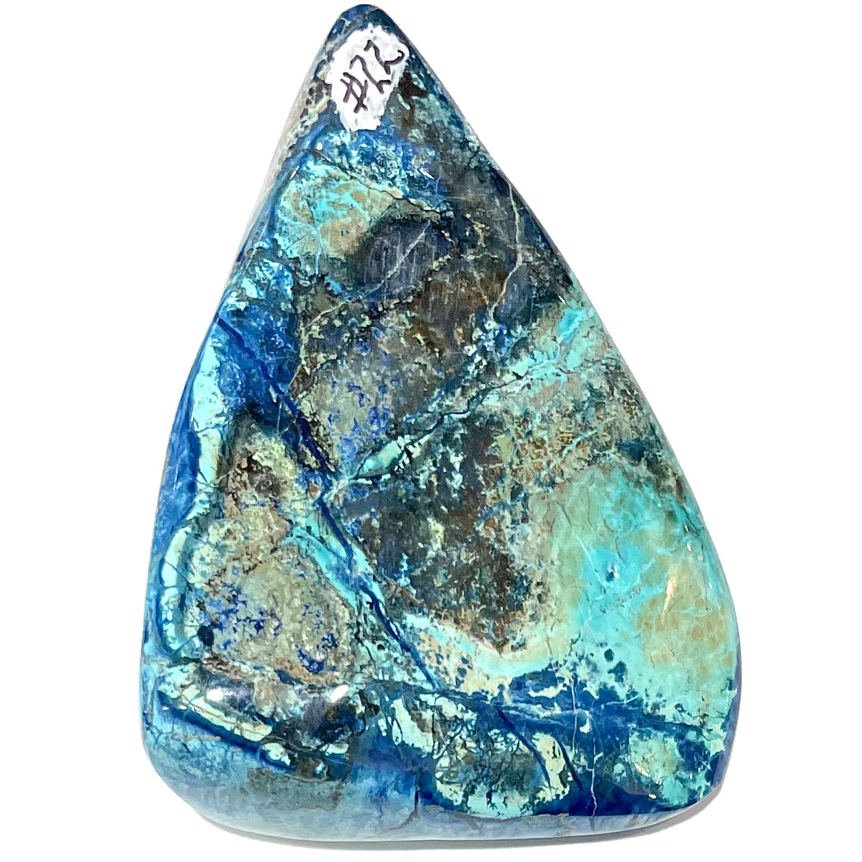 An large, polished, drop shape Morenci turquoise and azurite specimen.  Material is not stabilized.