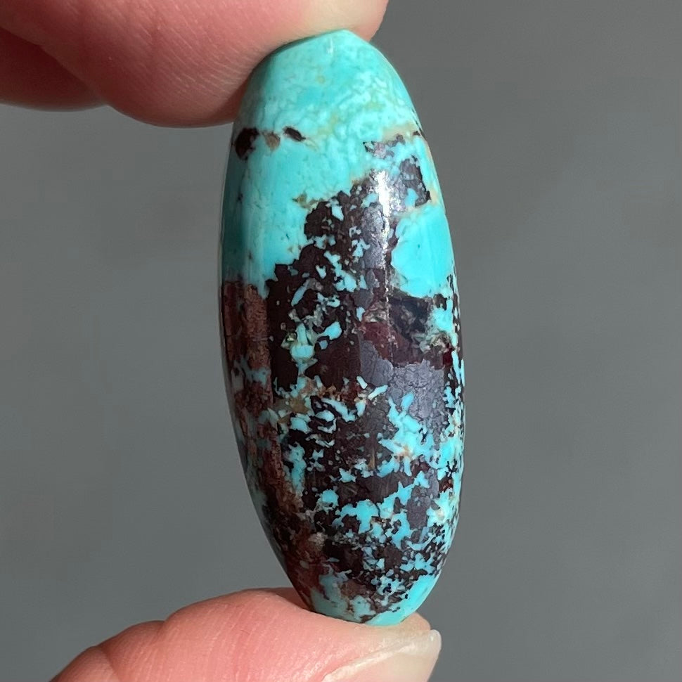 A loose, oval cabochon cut blue and red matrix turquoise stone from Royston District, Nevada.